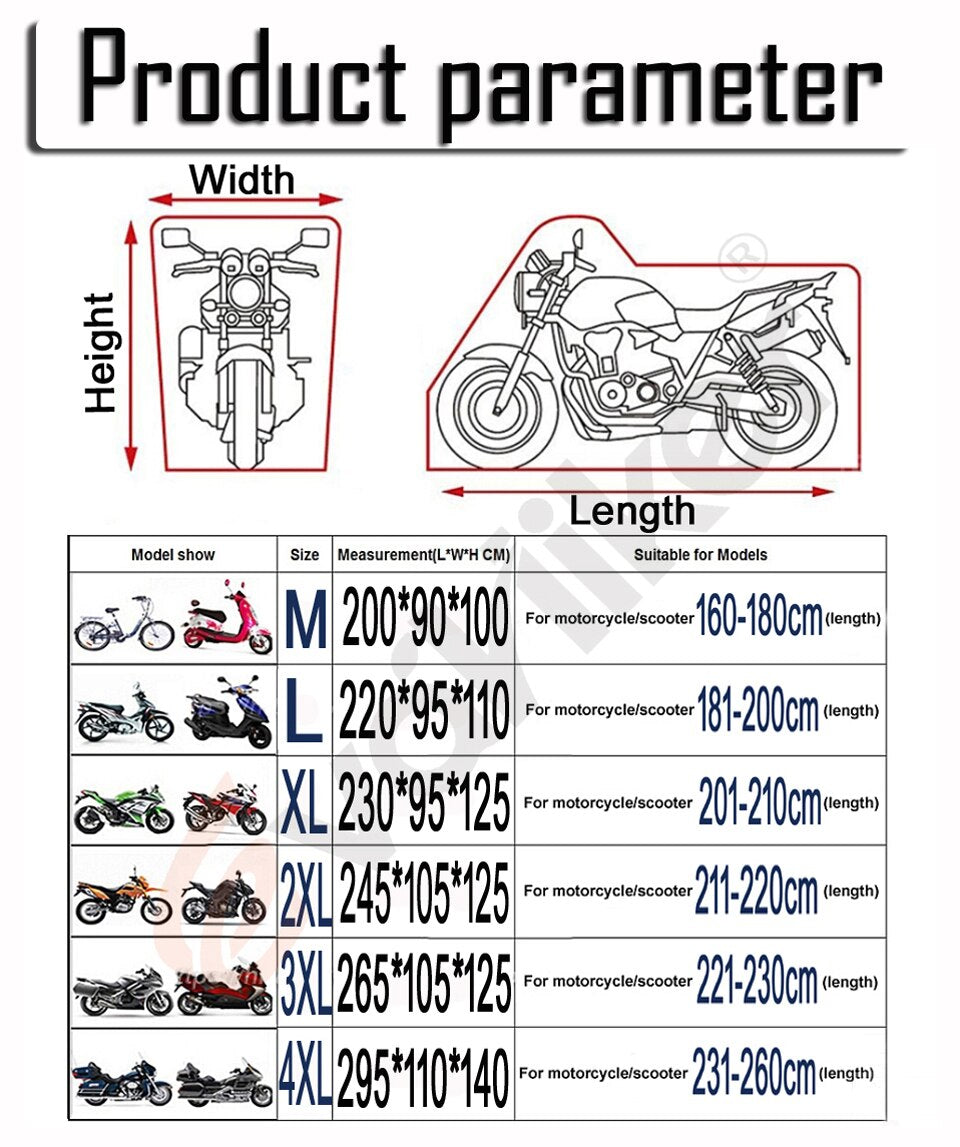 Motorcycle Mover M L XL XXL XXXL XXXXL Universal Outdoor Uv Protection, Waterproof, Dustproof Motorcycle Cover